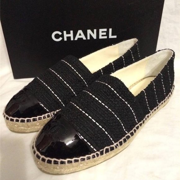 CHANEL 15S 2015 Classic Tweed Patent Cap Toe CC Logo Espadrilles Flats Shoes - Picture 9 of 11